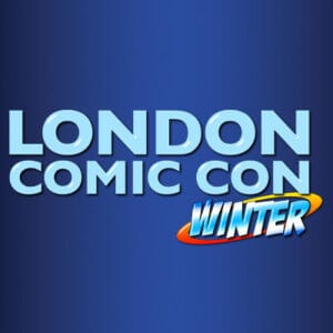 London Comic Con Winter logo on blue background.